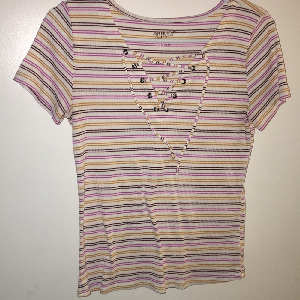 Striped Lace Up Short Sleeve Top